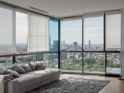Modern roller blinds installation in living room with city view